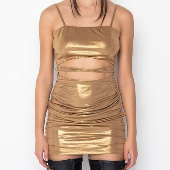 AKIRA Get Into It Mini Dress Metallic Gold - Picture 1 of 4